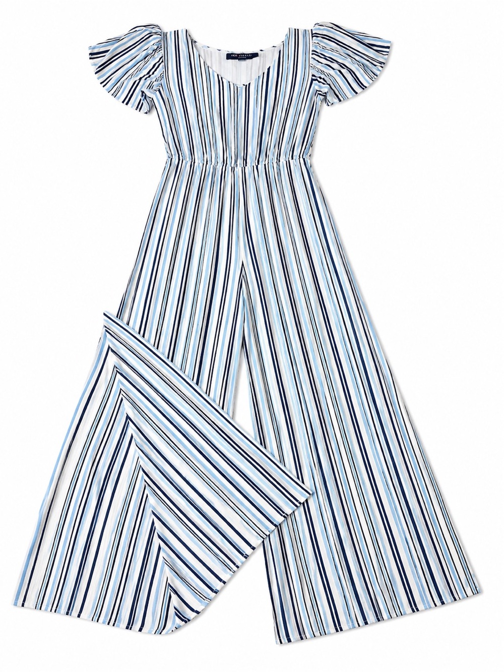 Striped Blue & White Flutter-Sleeve Wide-Leg Jumpsuit